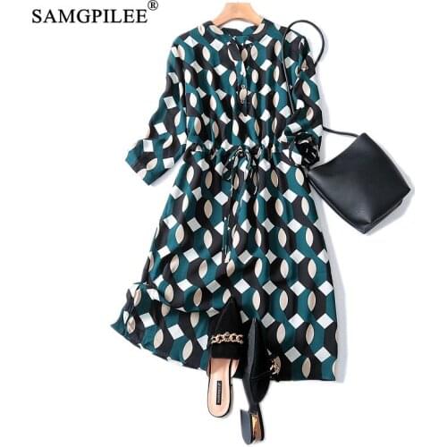 Dresses Women Summer 2021 New Korean Style A-line Geometric Half Sleeve Womens Clothing Sashes O-neck Elegant Dress For Woman