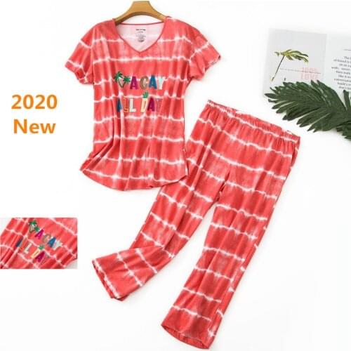 Casual Pajamas Set Short Sleeve T-shirt Long Pants Summer Pyjama Big Size Mom 2020 Fashion Home Sleepwear