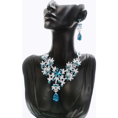 Luxury Wedding Jewelry Set Water Drop Rhinestone Long Pendant Full Crystal Silver Plated Necklace & Earrings Elegant Bridal Gift
