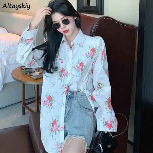 Shirts Women Loose Mid-length Design Floral Streetwear Korean Style Leisure Pockets Spring Female All-match Harajuku Ins Newest