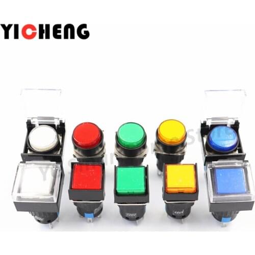 5pcs LA16 light push button switch 16mm with light with 16mm mounting hole protection cover dust cover self-locking self-reset