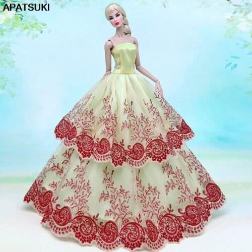 Yellow Brown Lace Floral Multi-layer Wedding Dress For Barbie Doll Clothes Outfits Party Gown For 1/6 BJD Dolls Accessories Toys