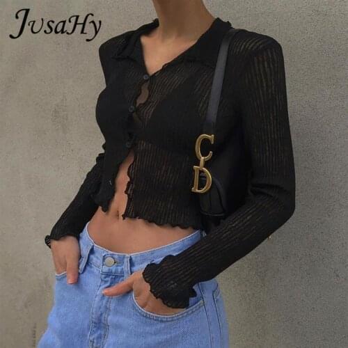 JuSaHy Mesh See Through T-Shirt for Women Fashion Solid Black Long Sleeves Hollow Out Slim Bodycon Crop Top Casual Streetwear