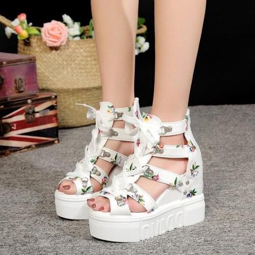 2019 summer new style Roman sandals high-heeled color cross straps womens shoes 12cm super high-heeled wedge fish mouth