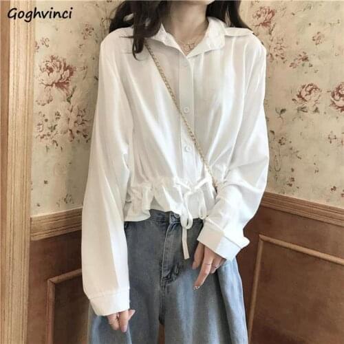 Shirts Women Solid Crop Tops Bow Button All-match Pleated Design Soft Fashion Style Retro Clothes Elegant Korean Blouses Simple