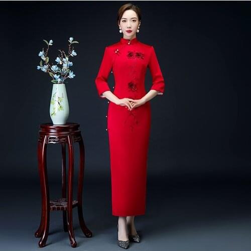 2020 Spring New Embroidery Applique Ladies Long Qipao Slim Cheongsam Elegant Chinese Style Evening Dress Plus Size 3XL 4XL