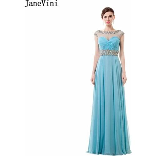 JaneVini Elegant Light Blue Chiffon Long Bridesmaid Dresses Scoop Neck Beading Backless Floor Length Sexy Women Prom Party Gowns