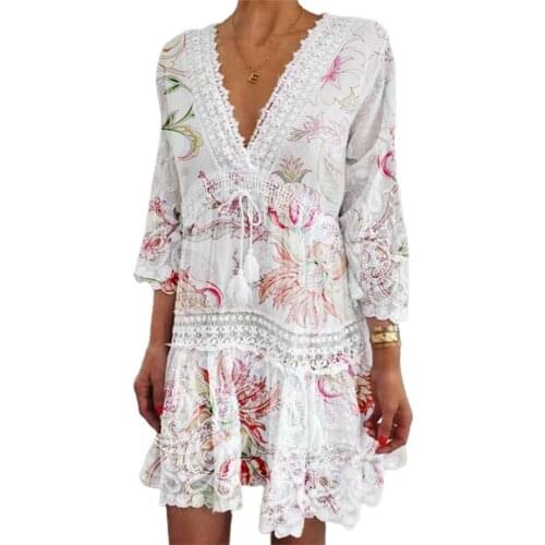 Women Summer Dress 2021 Floral Print Crochet Patchwork Summer 3/4 Sleeve V Neck Lace-up Dress Beachwear