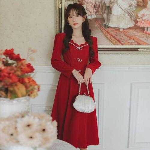 Red Bow Know Vintage Autumn Winter Lady Dress V-neck Long Sleeve Big Swing Women Dresses High Waist Bridesmaid Party Vestidos