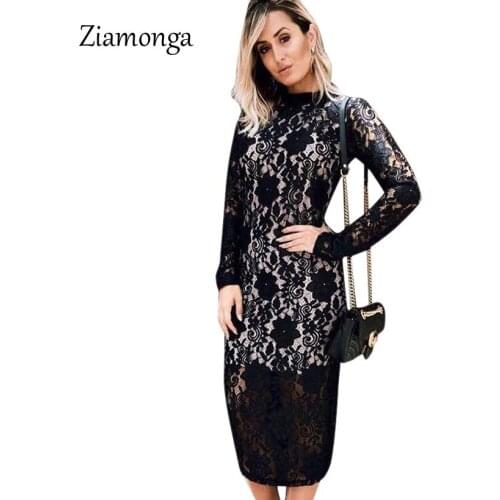 Ziamonga Black Bodycon Vestidos Embroidery Lace Sleeve Women Dress 2019 Spring Summer Long Sleeve Turtleneck Midi Party Dresses