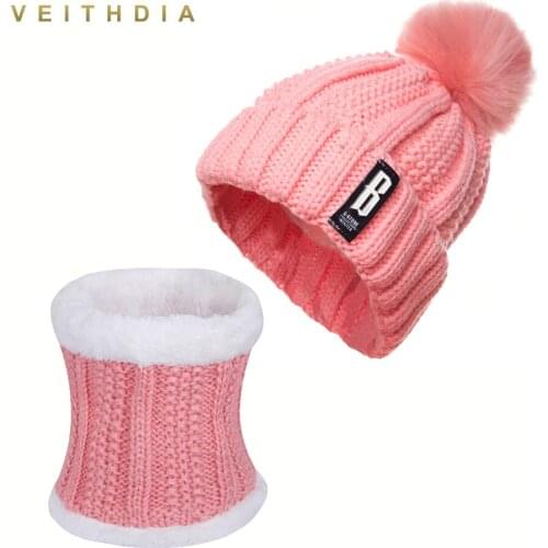 VEITHDIA 2019 New Pom Poms Winter Hat and Scarf or Women Fashion Solid Warm Hats Knitted Beanies Cap Brand Thick Female Cap