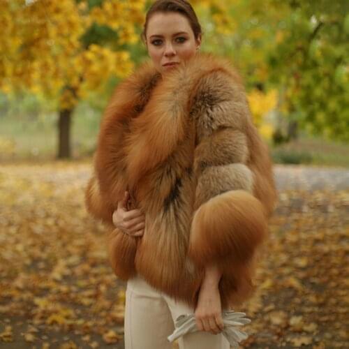 2021 Womens Real Red Fox Fur Coat Winter Luxury WholeSkin Thick Fox Fur Jackets Bat Sleeved Poncho Female Natural Fur Coats