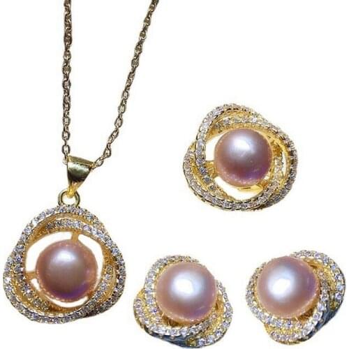 3pcs per set luxury pearl jewelry set CZ 8-9mm pink freshwater pearl lady fancy pendant necklace earring ring jewelry sets