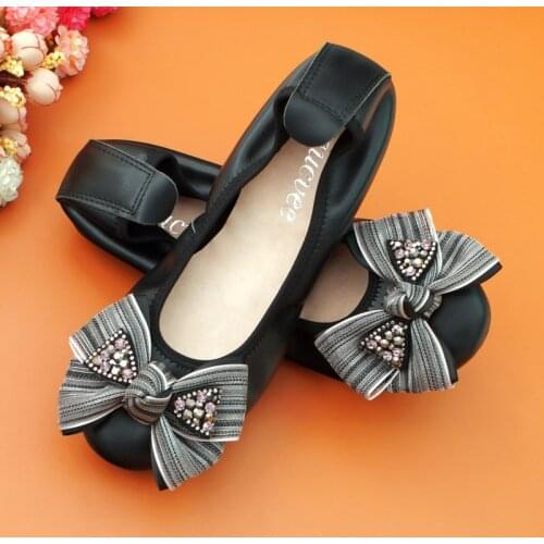 Big Size 34-44 Rhinestone Bow Lady Loafer Women Ballet Flats Shoes Genuine Leather Slip On Casual Soft Pregnant Shoes Flat Woman