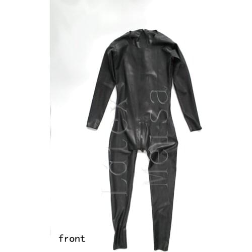 Black 100% natural latex catsuit Adults latex bodysuit attached back zippers to abdomen with round neck