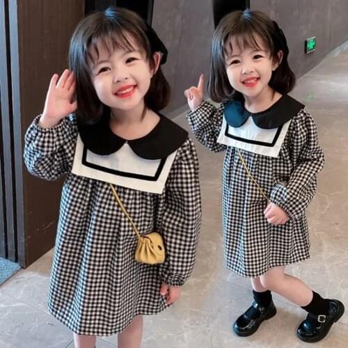 2021 New Girls Navy Style Long Sleeve Dress Kids Plaid Cotton Dresses For Girls Cute Casual Princess Dress Toddler Baby Clothes