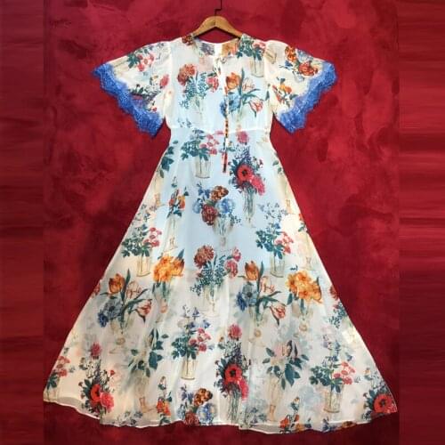 Bohemian Flower print silk Half Flare Sleeve High Quality Flowers Elegant maxi long dress holiday Beach party dress 2019 summer