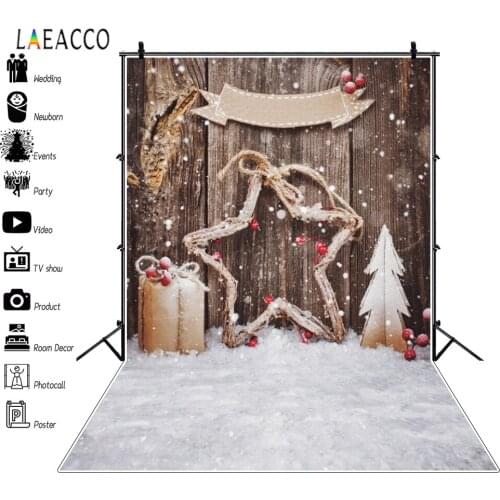 Laeacco Christmas Photophone Wooden Board Star Gift Pine Snow Photography Backdrops Photo Backgrounds For Family Photocall Props