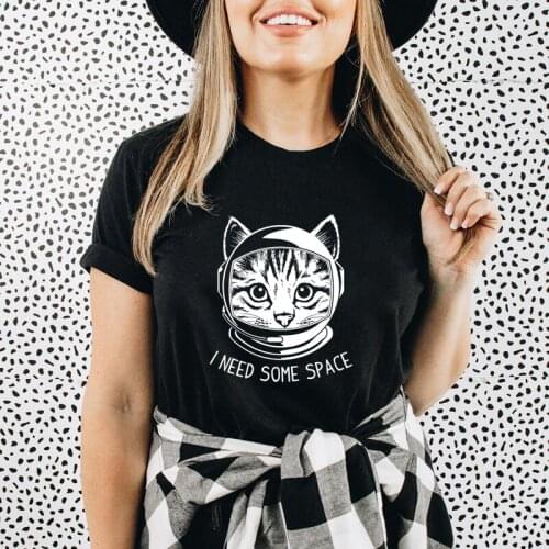 I Need Some Space Cat Print T-shirt Cute Cat Mom Gift Tshirt Funny Women Social Distancing Introverted Astronaut Top Tee