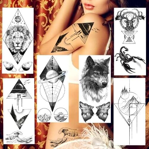 Geometric Planets Lion Temporary Tattoos Fake Black Wolf Elk Scorpion Tatoos For Adult Body Art Tatoo Fashion Waterproof Sticker