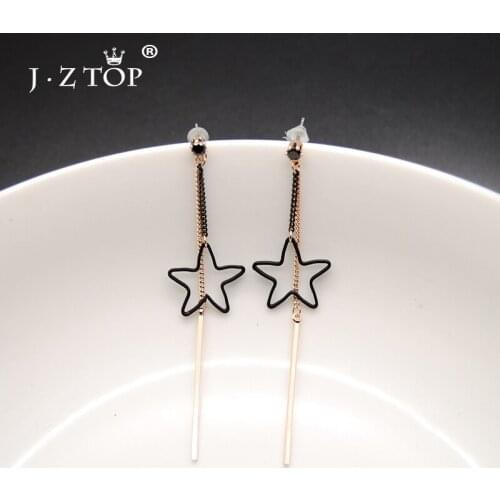 JZTOP Simple Star Tassel Drop Earrings For Woman Long Geometry Crystal Dangle Earring Black Hollow Star Earrings Femme Jewelry