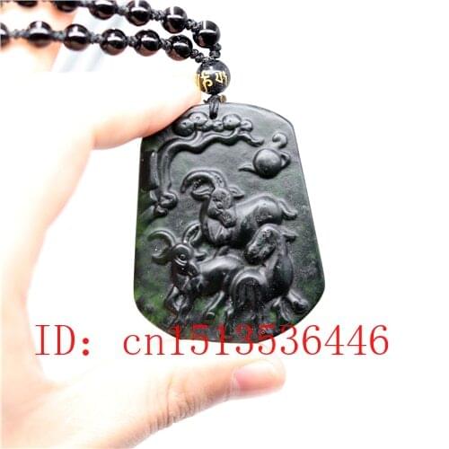 Chinese Black Green Jade Three sheep Pendant Natural Hand Carving Necklace Fashion Amulet Luck Gifts Men Sweater Chain Free rope