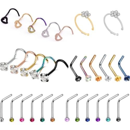 1PCS Surgical Steel Heart Fake Nose Screw Ring Clip Flower Zircon Nose Piercing Stud Ring Indian Faux Nostril Piercings Jewelr