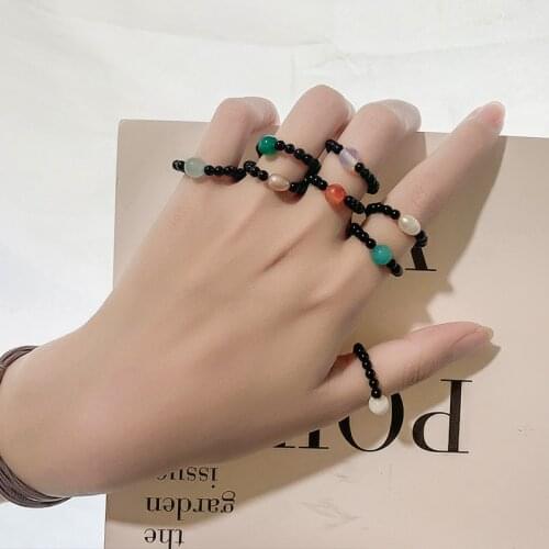 Natural Charm Round Obsidian Bead Rings Colorful Aura Natural Stone Jewelry Amethyst Turquoise Moonstone Wedding Ring Adjustable