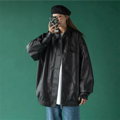 Streetwear Fashion Black Faux Leather Jacket Women Oversized Coat Loose Lapel Long Sleeve Spring Autumn 2021 Female Biker Jacket