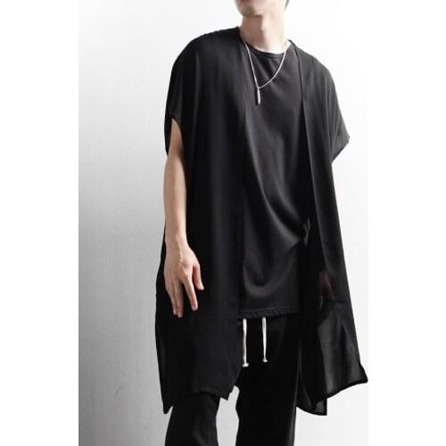 Summer mens clothing, summer cardigan, fashion mens thin casual sleeveless T-shirt, medium length loose large size top