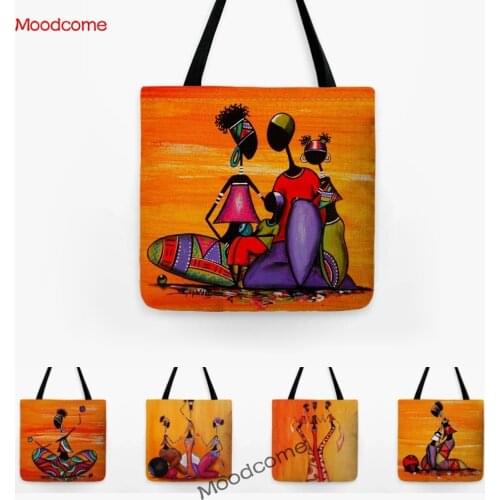 Cute Africa Abstract Art Oil Painting African Girl Woman With Beads Orange Shoulder Grocery Bag Water Resistant Linen Tote Bag
