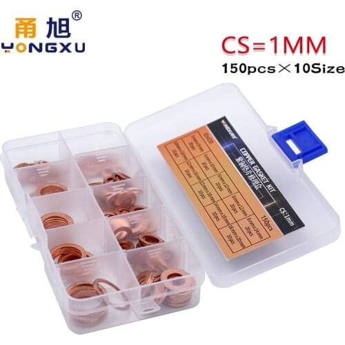 150PC 10Sizes Copper Washer Gasket Set Flat Ring Seal Kit Set with Box M6/M8/M9/M10/M12/M14/M16/M18/M20 For Generators Machinery