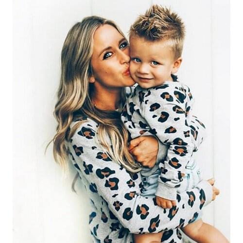 Family Matching Clothes Mother Daughter Leopard Long Sleeve Sweatshirt Tops Autumn Cotton Casual Outfit Women Girl