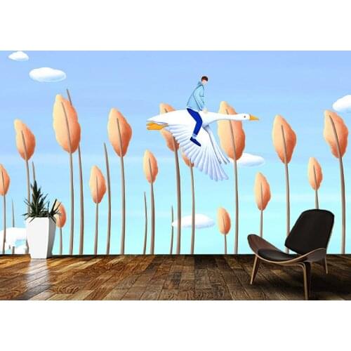 Papel de parede A boy riding a swan flying in the sky fantasy cartoon wallpaper,living room tv wall childrens bedroom mural