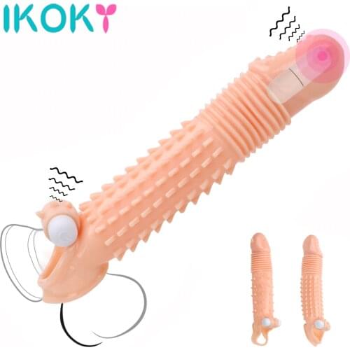 IKOKY Dick Sleeve Penis Enlargement Condoms Sex Toys For Men Extender Vibrating Delayed Ejaculation Reusable Adults Products