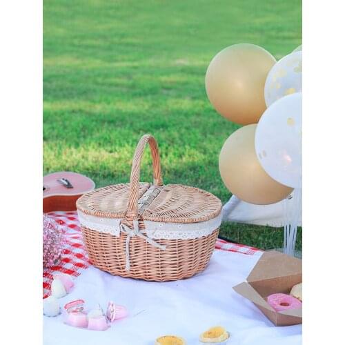 Handmade Wicker Basket With Handle And Double Lids Camping Basket Hand Made Fruit Flower Gifts Cabinet Organizer Home Decoration