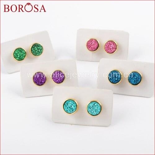 BOROSA Design Wholesale 9mm Round Gold Color Bezel Titanium Druzy Mix-color Studs Earring For Women ZG0328