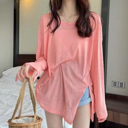 Sunscreen Shirt Womens Summer 2021new Korean Style Fashion Solid Loose Side Slit Long Sleeve T-shirt O Neck Thin All Match Tops