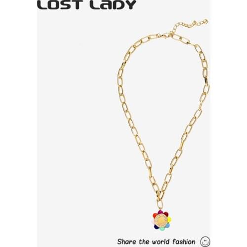 Lost Lady Vintage Flower Shape WATCH OUT Pendant Necklace Classic Gold Color Chain Metal Round Necklaces for Women Man Jewelry