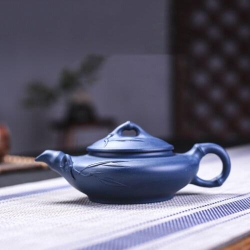 Yixing genuine handmade purple clay pot Raw ore azure mud flat bamboo tea Kung Fu Tea Set Gift 250 cc