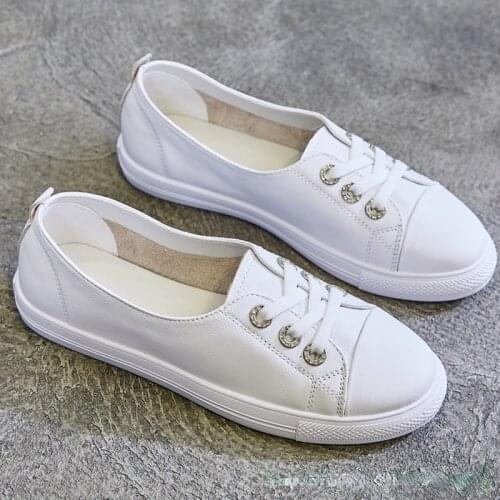Leather Low-Cut White Shoes for Women 2021 Spring New Student Versatile Slip-on Lazy Flat Large Size Womens Shoes