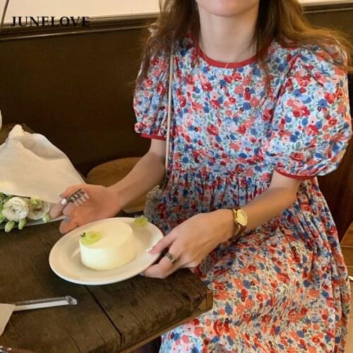 JuneLove Korean Femme Floral Printed Women Midi Dress 2021 Summer Short Sleeve O-neck A-line Dresses Sweet Elegant Boho Vestidos
