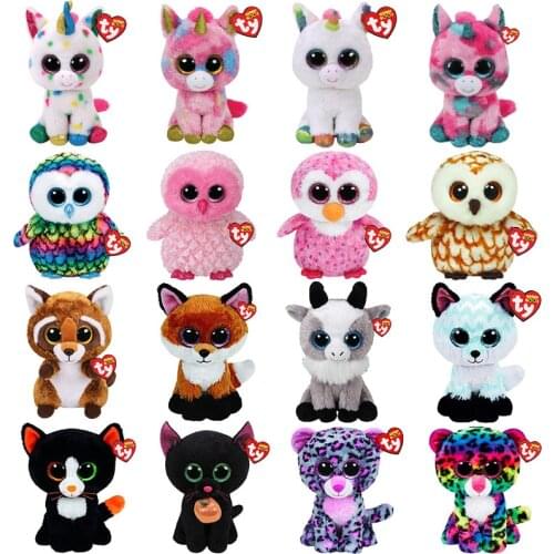 15 CM Ty Big Eyes Beanie Unicorn Owl Penguin Raccoon Fox Goat Cat Leopard Series Plush Toy Stuffed Animal Doll Kid Birthday Gift