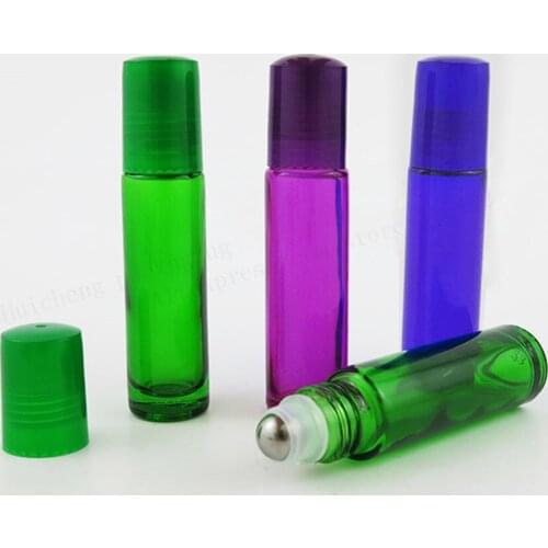 200 x 10ml Purple Blue Green Glass Roll on Perfume Bottle with Black Plastic Lids Stainless Steel Ball for Essential Oil Use