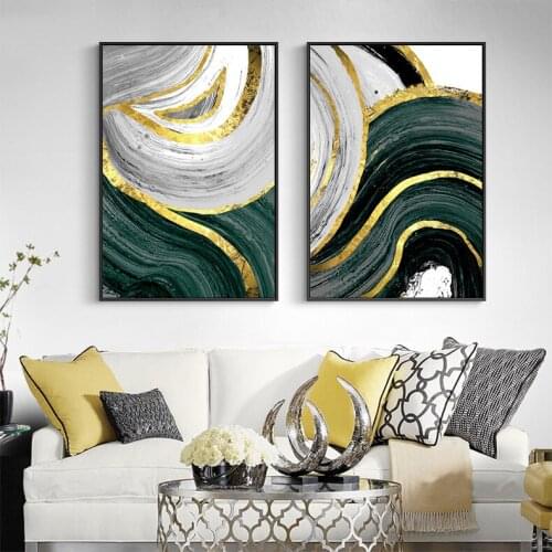 Abstract Geometry Painting Golden Line Green Modern Decorative Picture Canvas Wall Art Poster for Home Room Hotel Office Decor