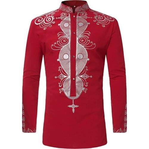 Red African Dashiki Print Shirt Men 2020 Brand Streetwear Casual African Clothes Men Long Sleeve Dress Shirts Male Camisa Hombre