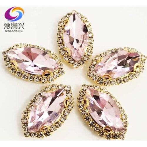 Free shipping Pink eye shape Top Glass Crystal buckle,gold bottom sew on loose rhinestones,Diy/jewelry accessories SWEKG22