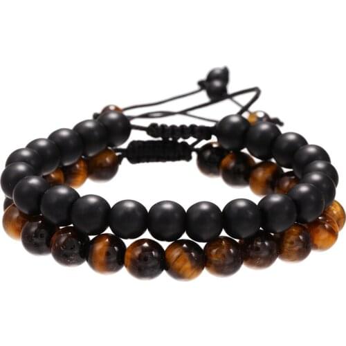 2Pcs/Set Natural Black Matte Tiger Eye Stone Bead Men Bracelets Sets Lover Gift Classic Women Couple Bracelet Sets Men Jewelry