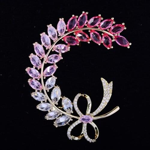 Beautiful Leaves Garland Brooch Pink Yellow Zircon Lady Brooches Pins Crystal Wedding Broaches for Bridal Bouquet Dress Jewelry