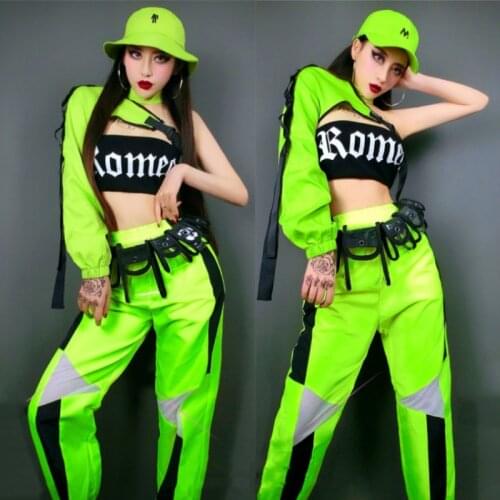 Fluorescent Green Top Pants Bar Women DJ DS Sexy Jazz Dance Costumes Hip Hop Suit Team Performance Clothing Rave Outfits XS1495